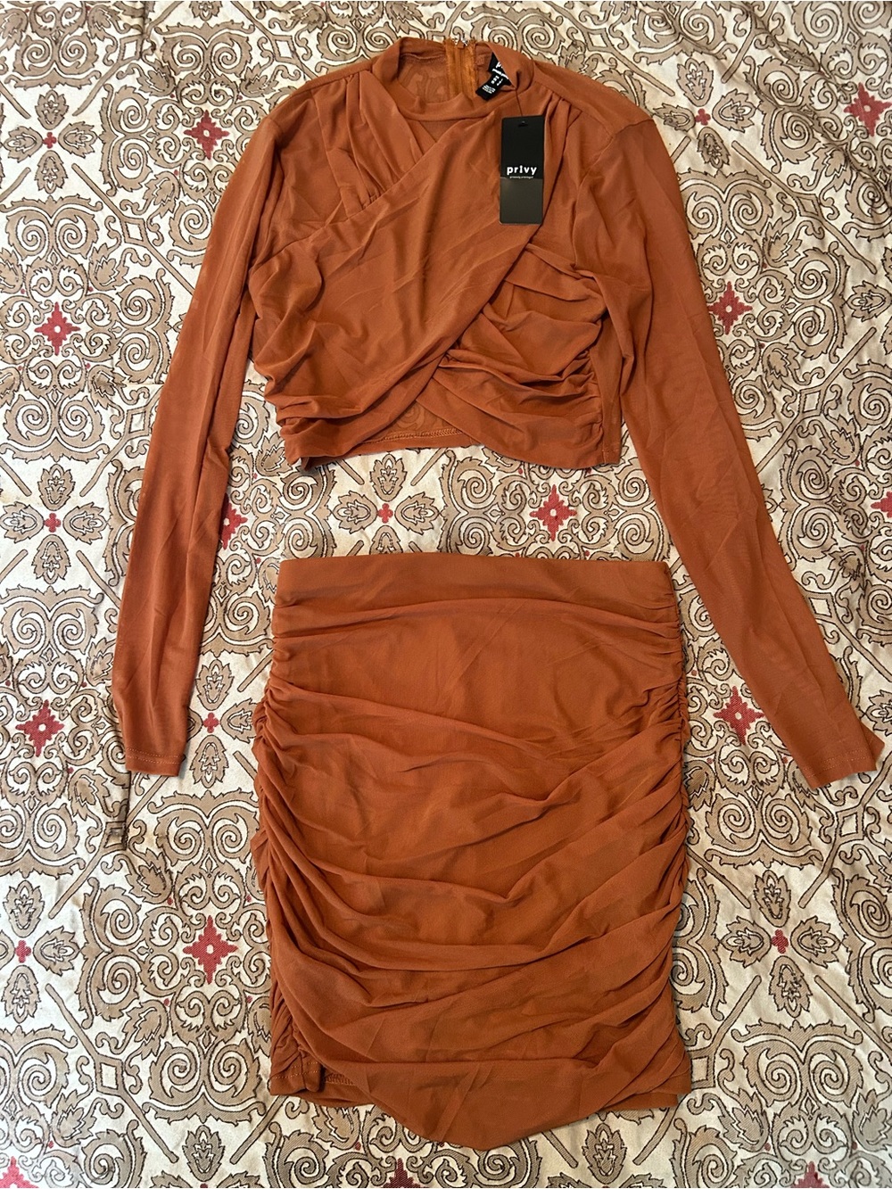 Women Rust Ruched Midi Skirt Set Large